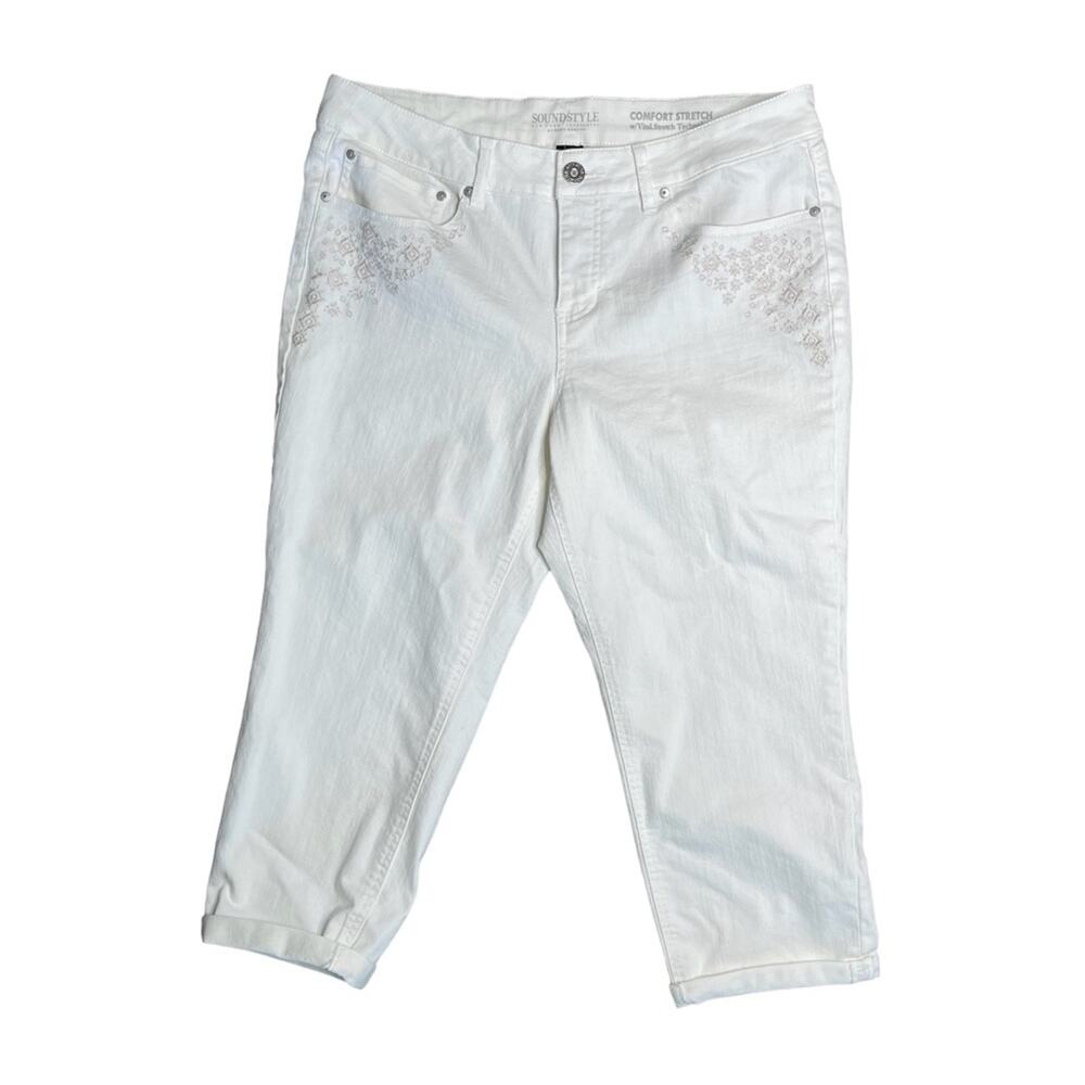 SOUND STYLE White Comfort Stretch Capri Jeans Embroidered Pockets Womens Size 16